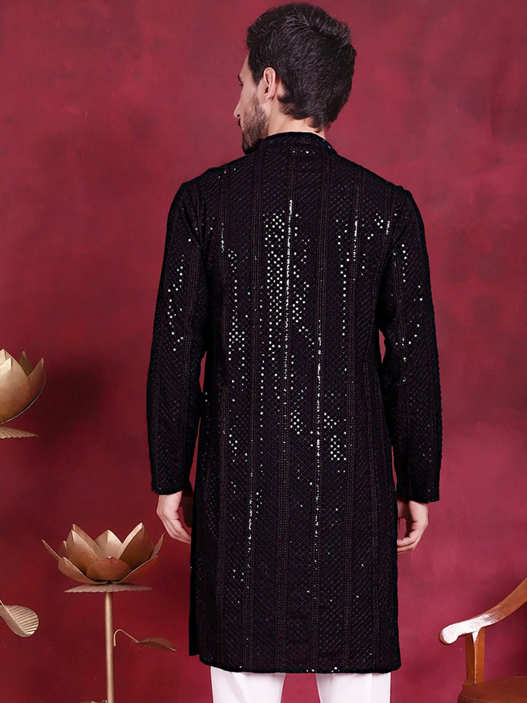 Black Sequins Chikankari Mens Kurta | Indian Kurta for Men