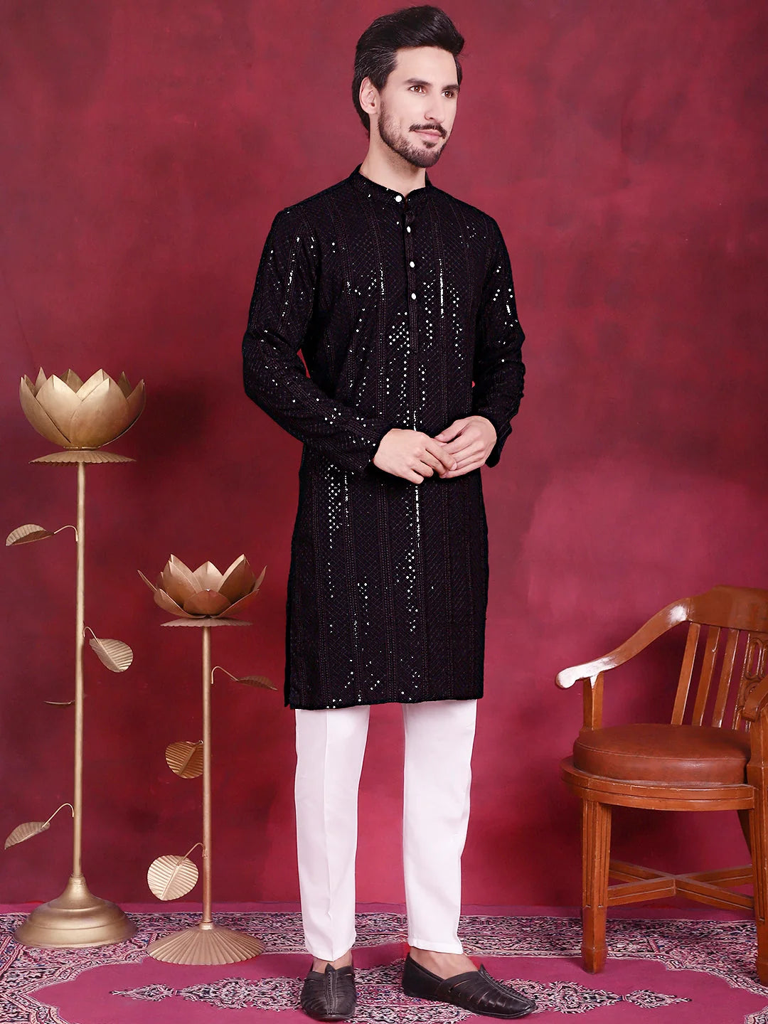 Black Sequins Chikankari Mens Kurta | Indian Kurta for Men