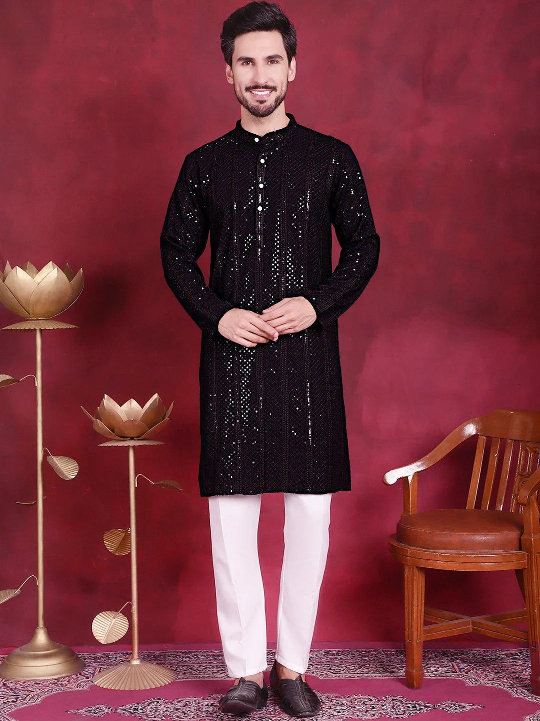 Black Sequins Chikankari Mens Kurta | Indian Kurta for Men