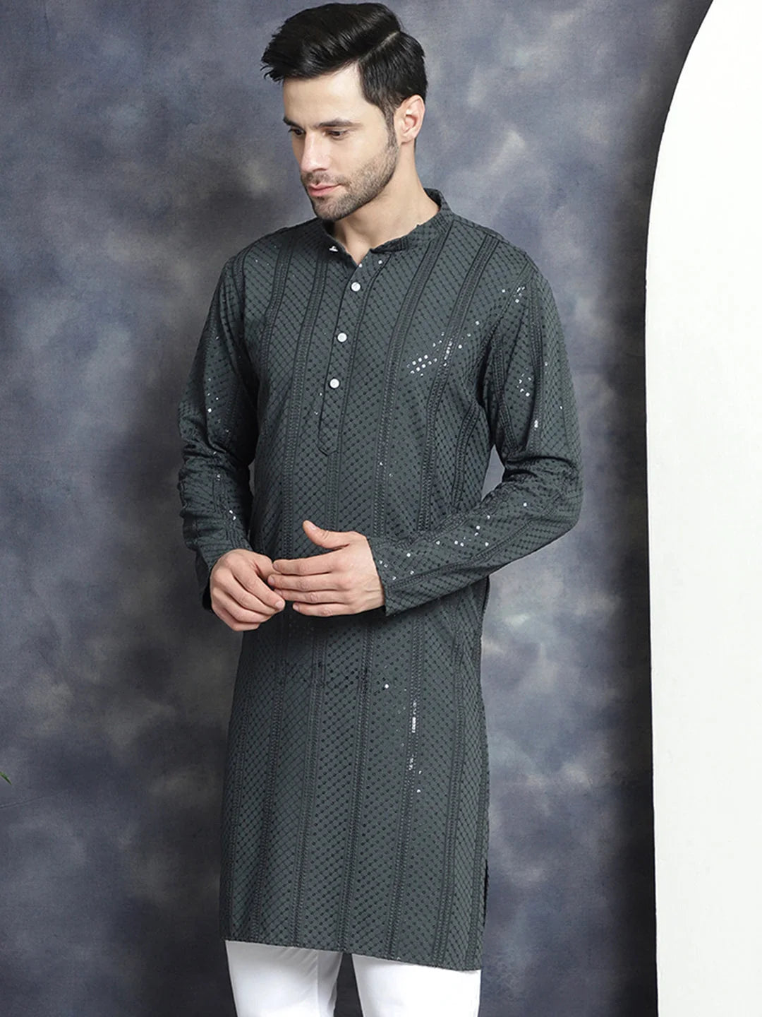 Grey Sequins Chikankari | Indian Kurta for Men | Men's Kurta