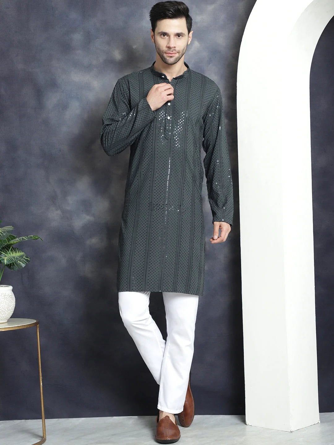 Grey Sequins Chikankari | Indian Kurta for Men | Men's Kurta