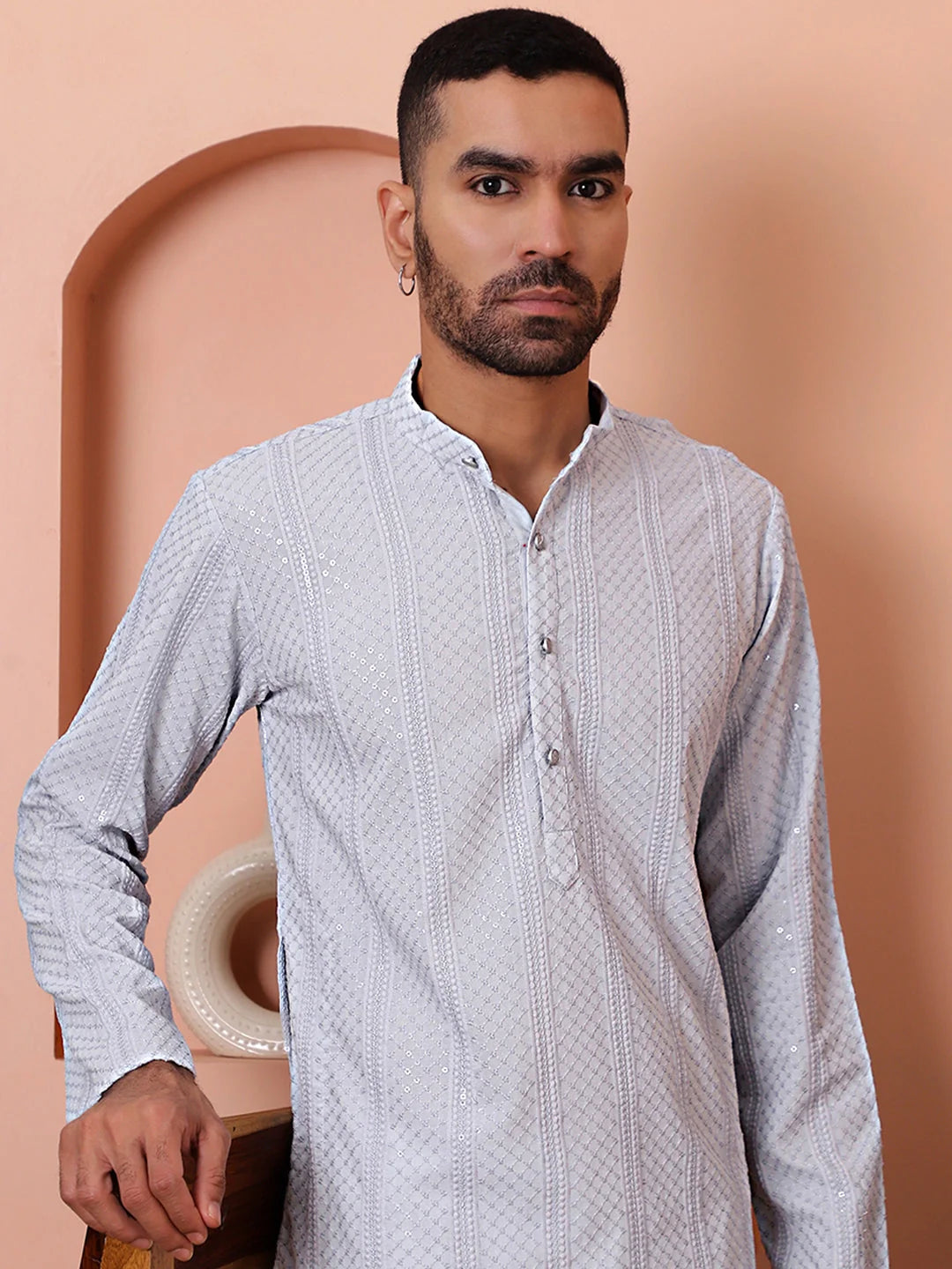 Light Grey Embroidered Mens Kurta | Indian Kurta for Men