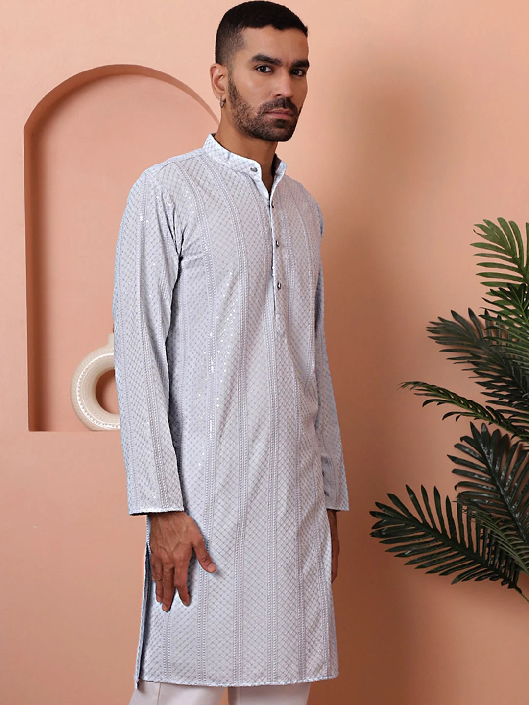 Light Grey Embroidered Mens Kurta | Indian Kurta for Men