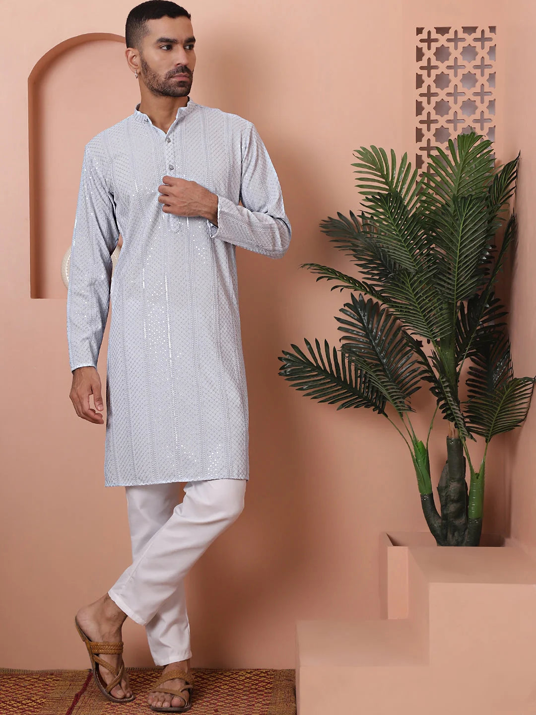 Light Grey Embroidered Mens Kurta | Indian Kurta for Men