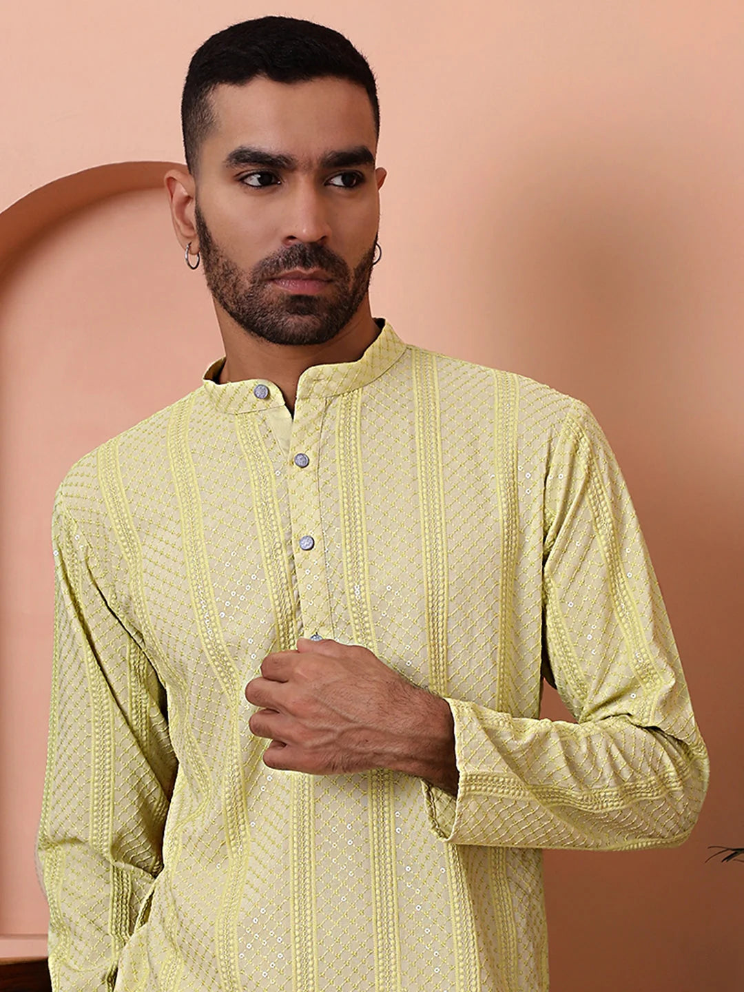 Lime Green Embroidered Mens Kurta | Indian Kurta for Men