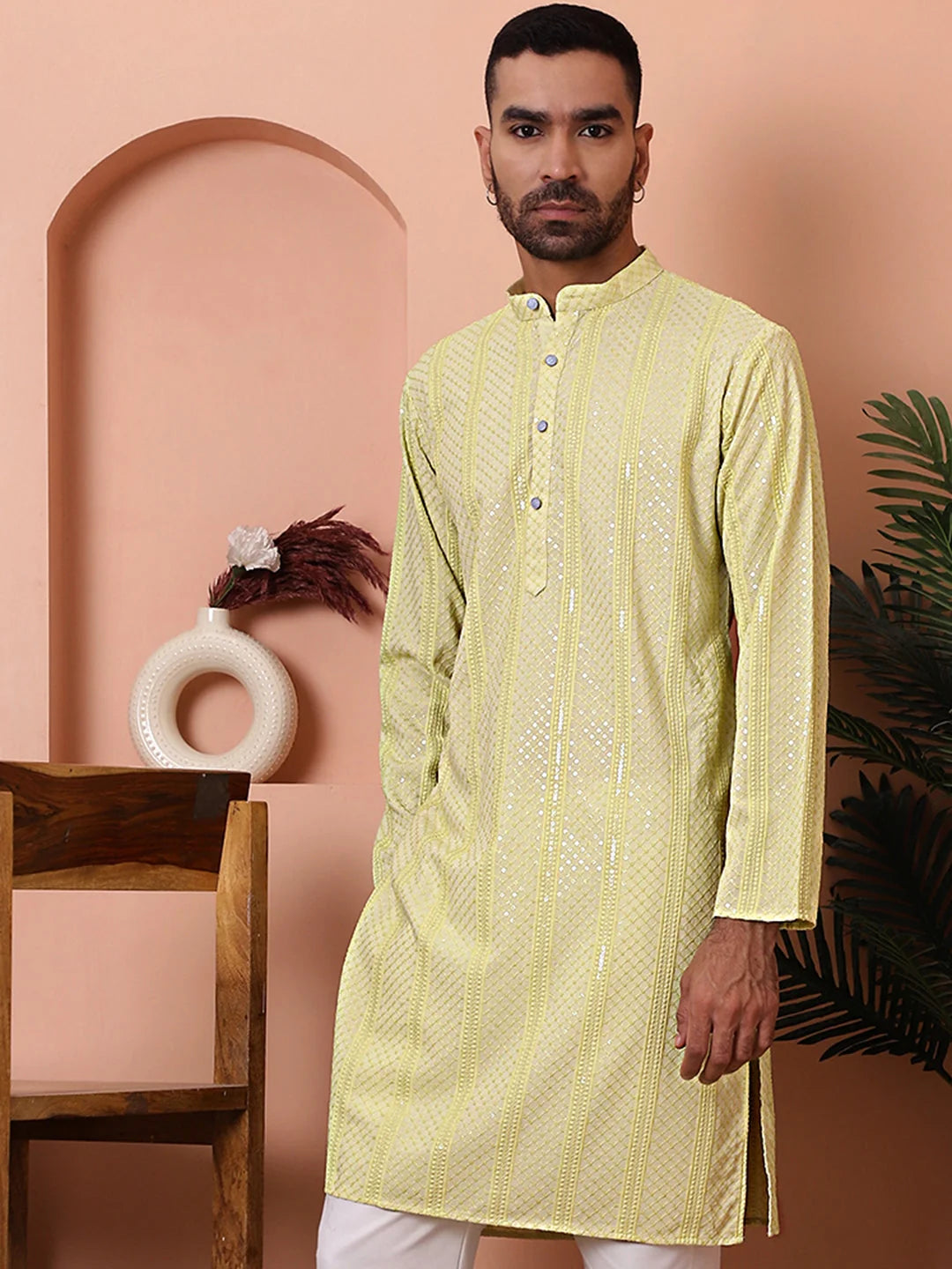 Lime Green Embroidered Mens Kurta | Indian Kurta for Men
