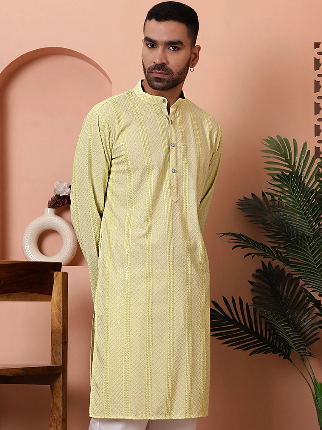 Lime Green Embroidered Mens Kurta | Indian Kurta for Men