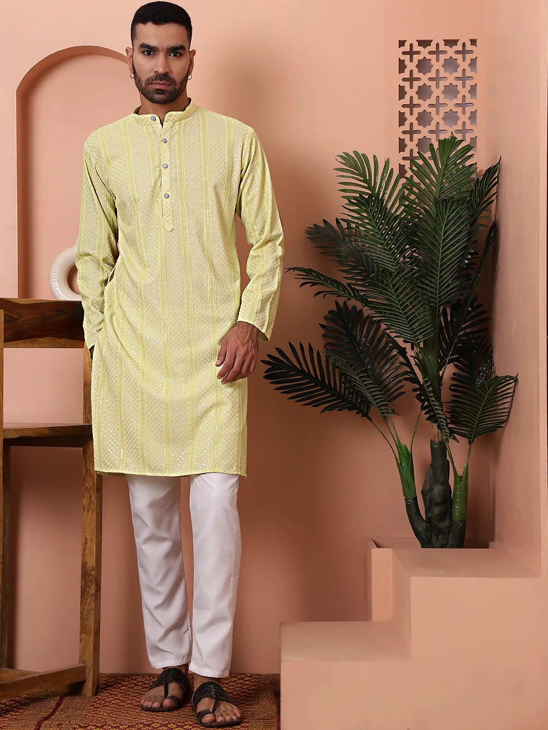 Lime Green Embroidered Mens Kurta | Indian Kurta for Men
