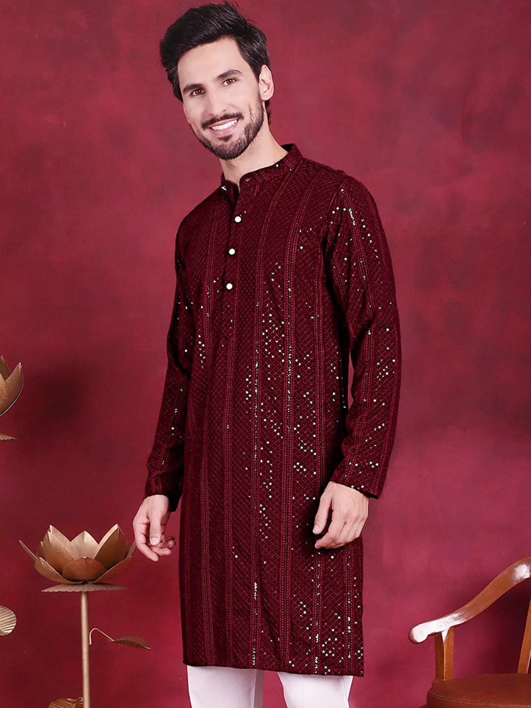 Maroon Sequins Chikankari Mens Kurta | Wedding Kurta for Men
