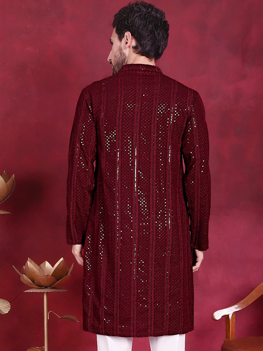 Maroon Sequins Chikankari Mens Kurta | Wedding Kurta for Men