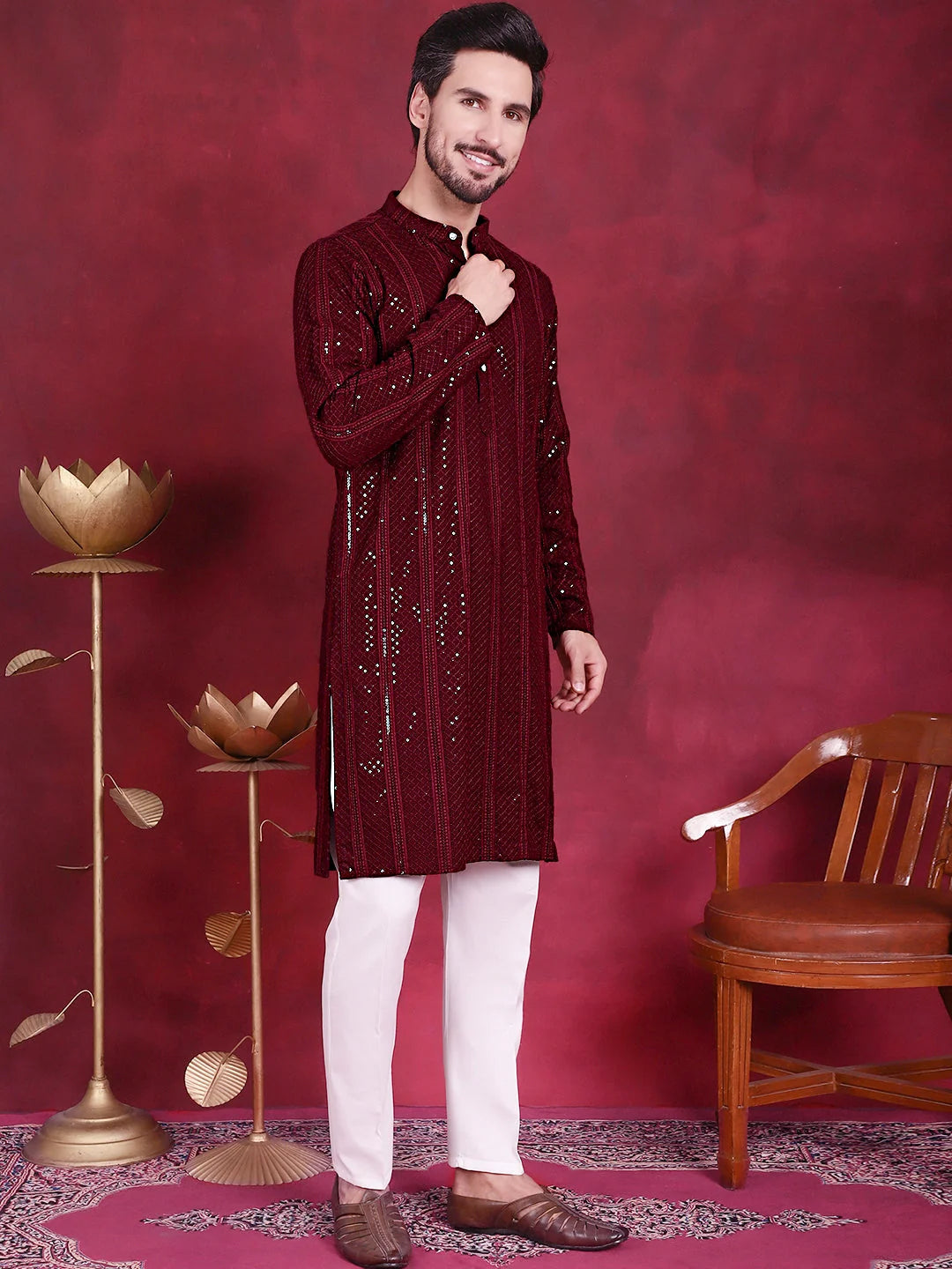 Maroon Sequins Chikankari Mens Kurta | Wedding Kurta for Men