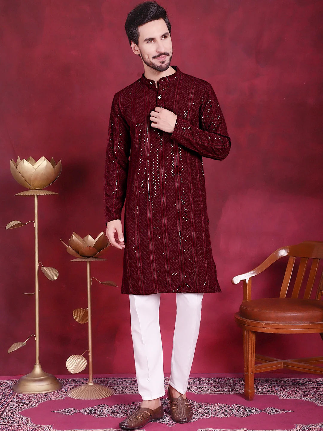 Maroon Sequins Chikankari Mens Kurta | Wedding Kurta for Men