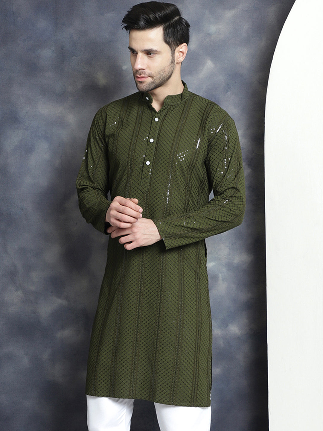 Mehndi Sequins Chikankari | Indian Kurta for Men | Men's Kurta