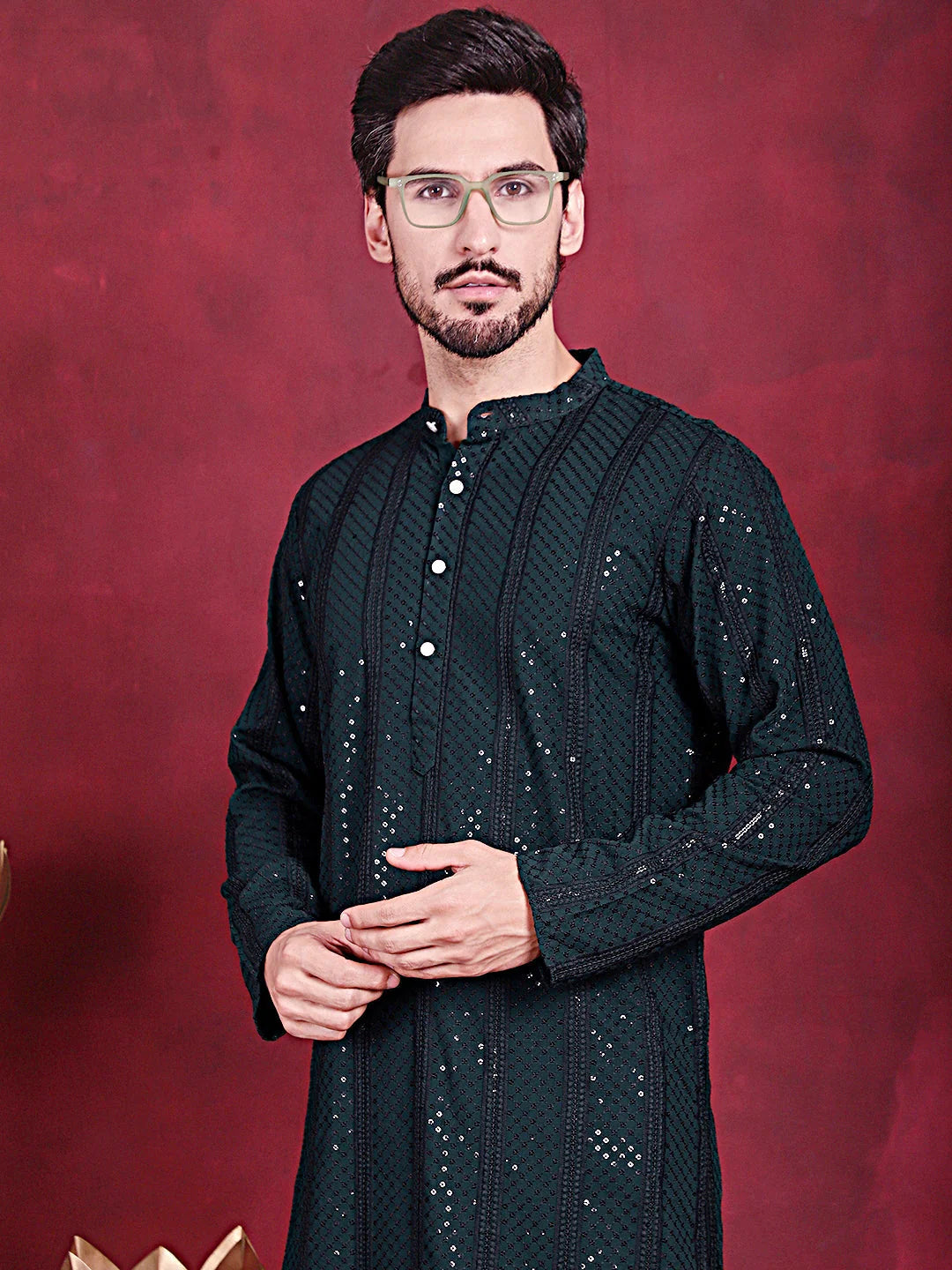 Men's Sequins Chikankari Embroidered Kurtas. ( KO 5015 Olive )