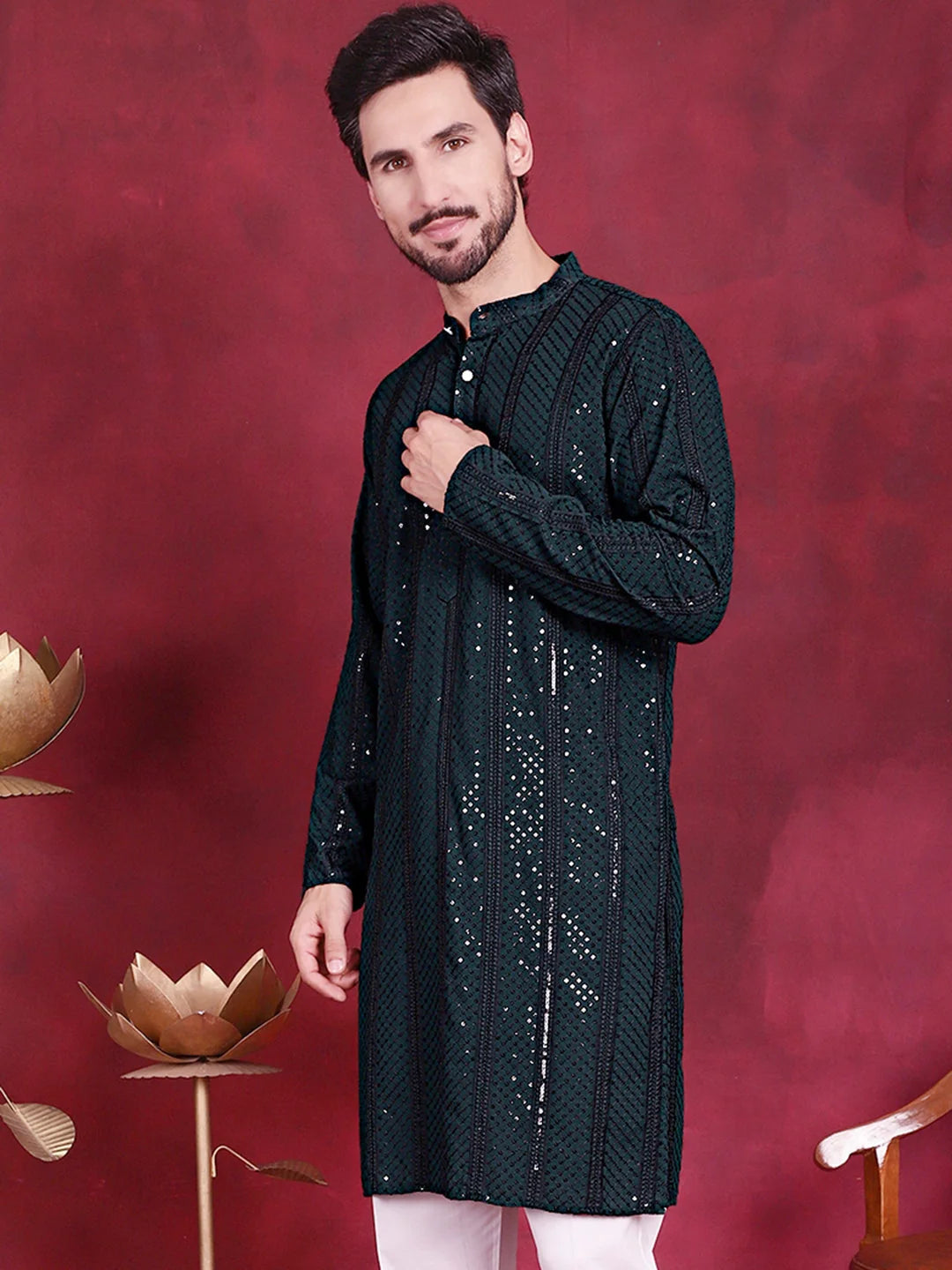 Olive Sequins Chikankari Mens Kurta | Indian Kurta for Men