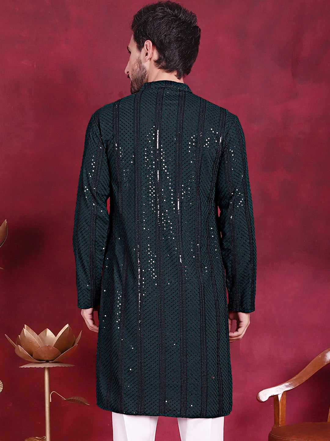 Olive Sequins Chikankari Mens Kurta | Indian Kurta for Men