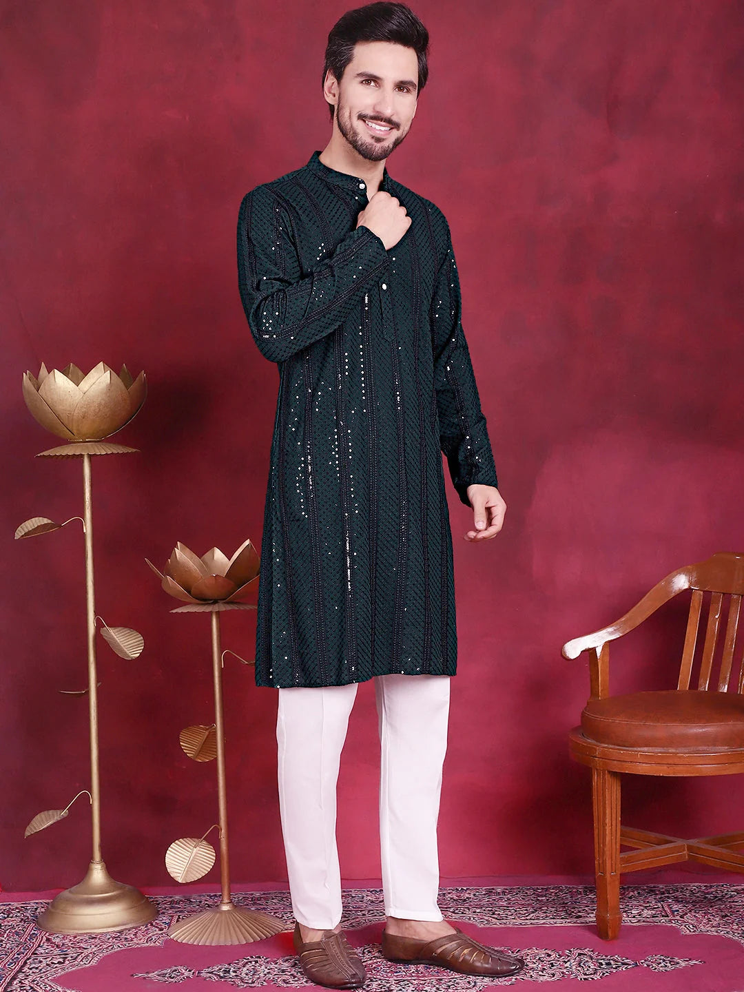 Olive Sequins Chikankari Mens Kurta | Indian Kurta for Men