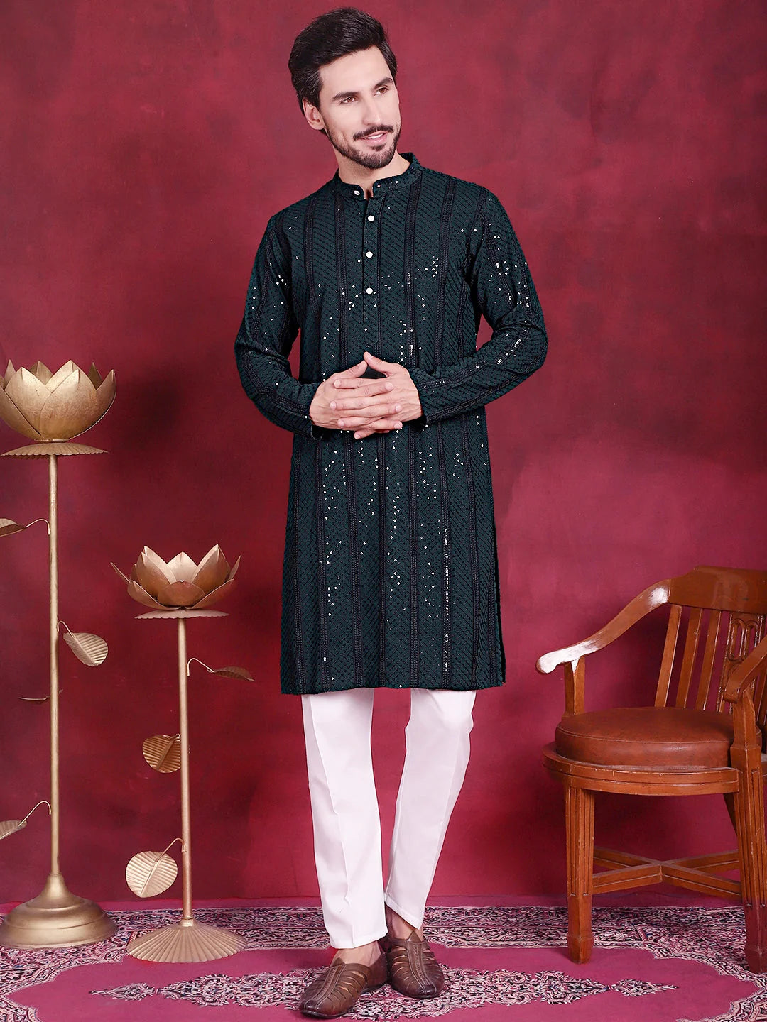 Olive Sequins Chikankari Mens Kurta | Indian Kurta for Men