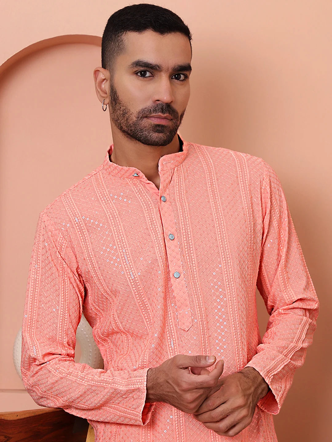 Peach Embroidered Mens Kurta | Indian Kurta for Men Online