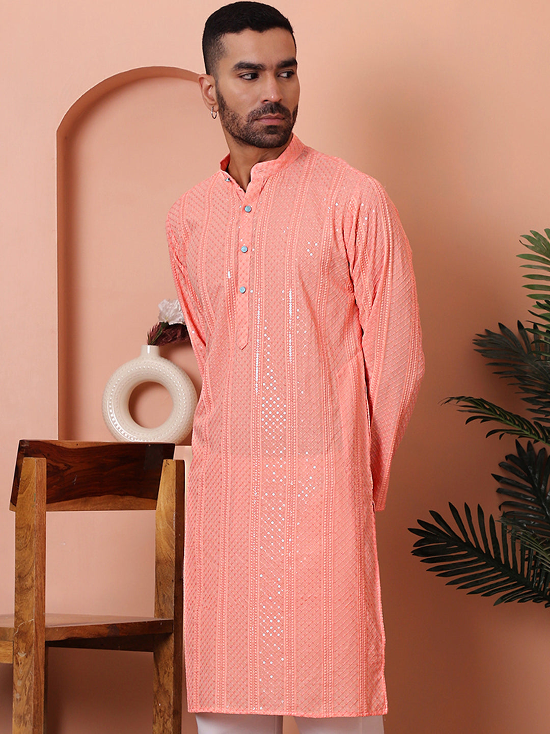 Peach Embroidered Mens Kurta | Indian Kurta for Men Online