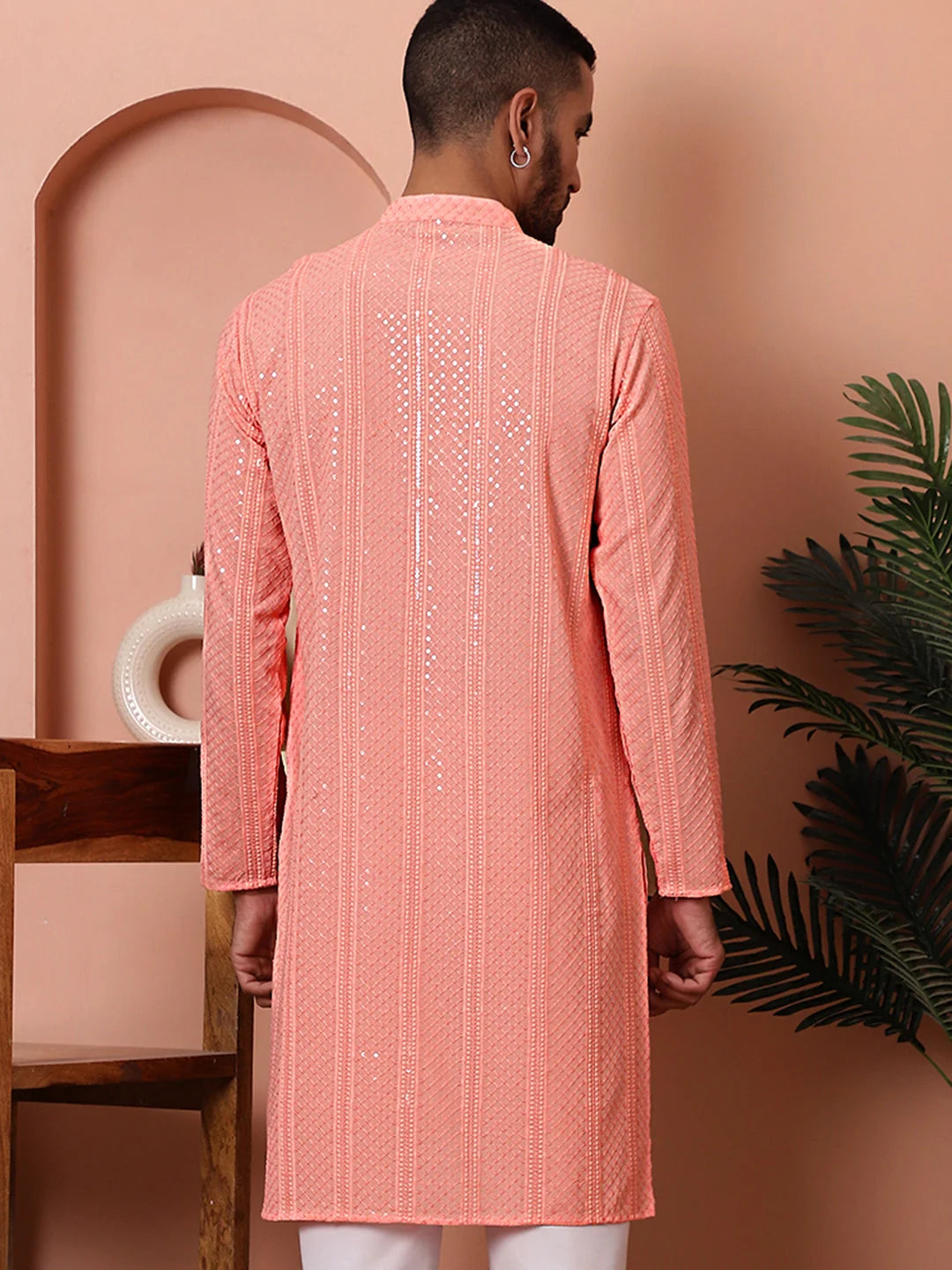 Peach Embroidered Mens Kurta | Indian Kurta for Men Online
