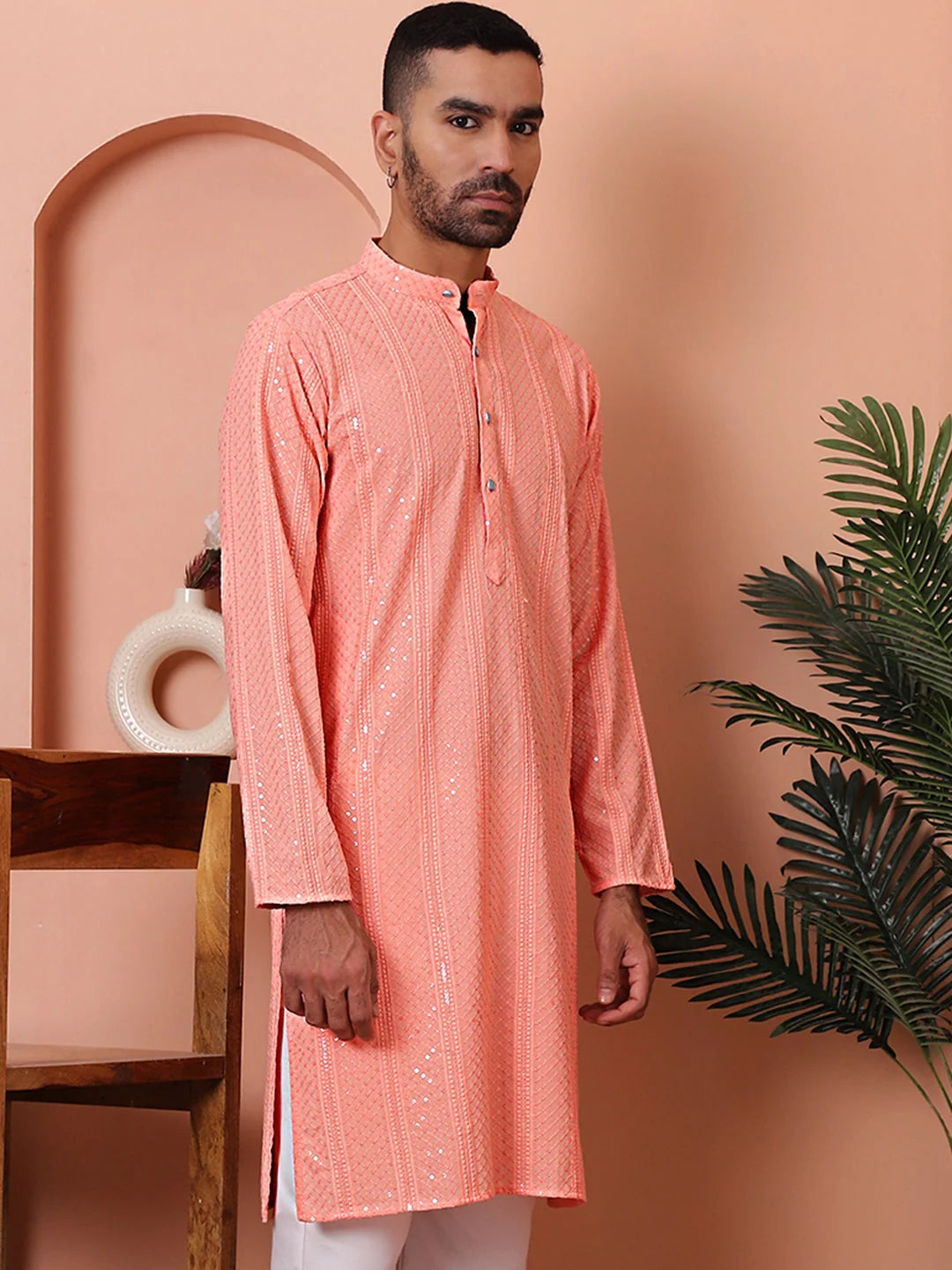 Peach Embroidered Mens Kurta | Indian Kurta for Men Online