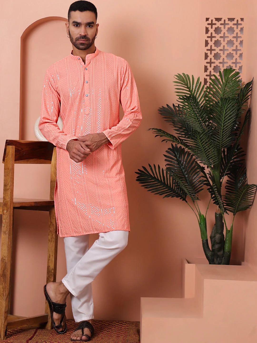 Peach Embroidered Mens Kurta | Indian Kurta for Men Online