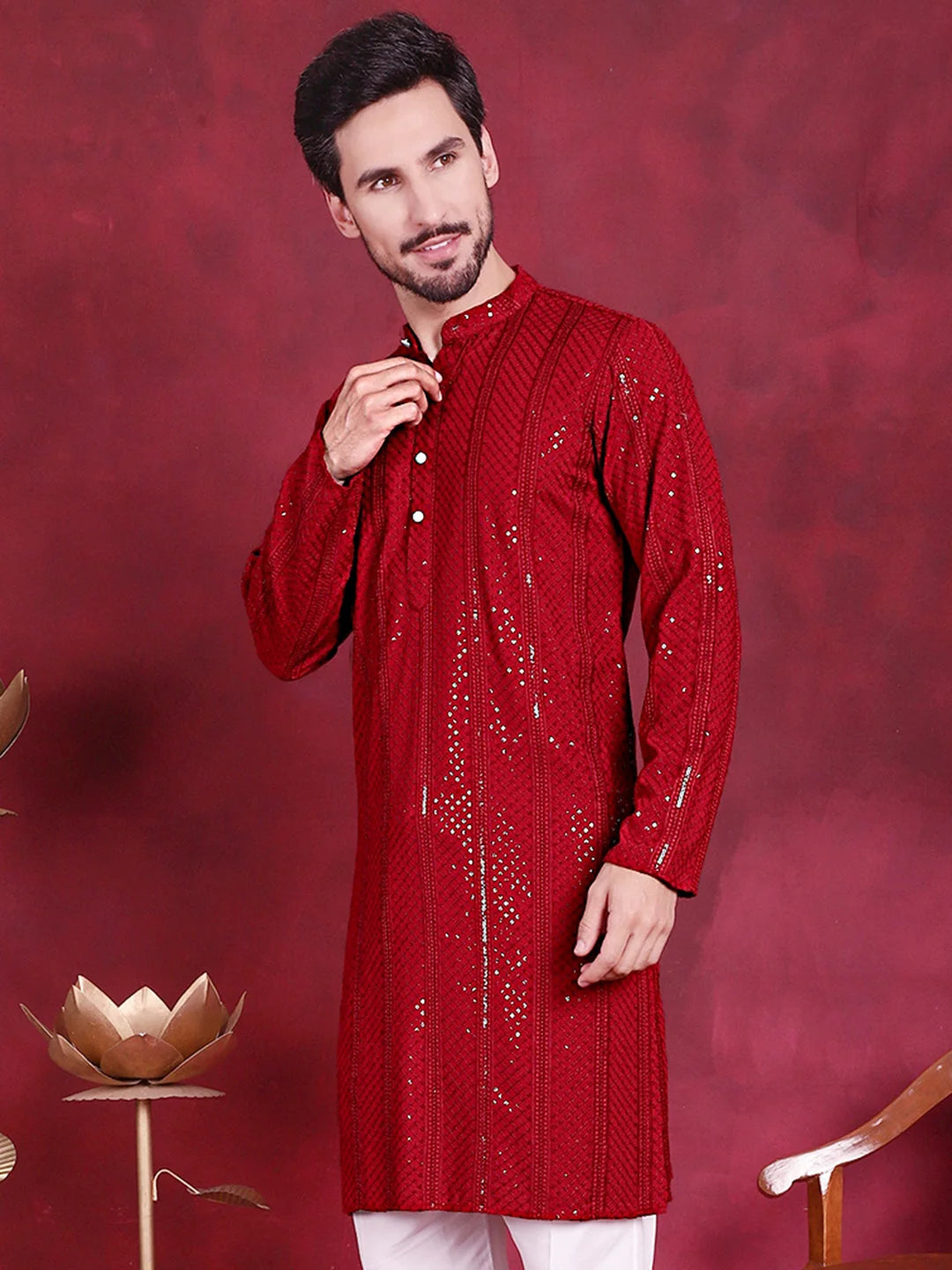 Red Sequins Chikankari Mens Kurta | Indian Kurta for Men