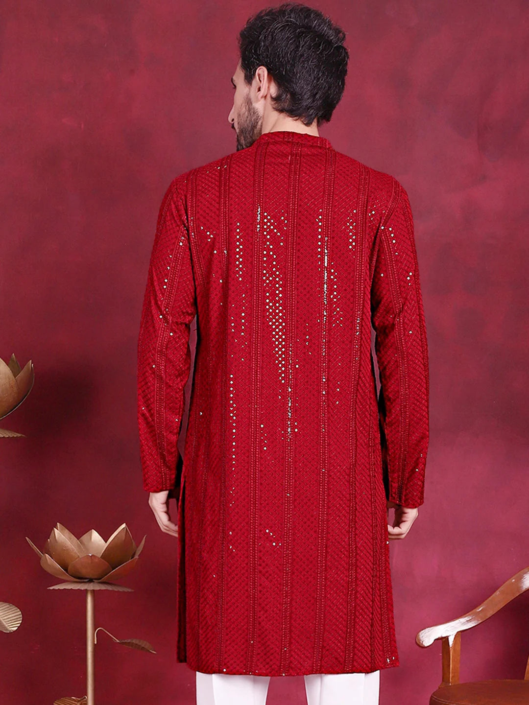 Red Sequins Chikankari Mens Kurta | Indian Kurta for Men