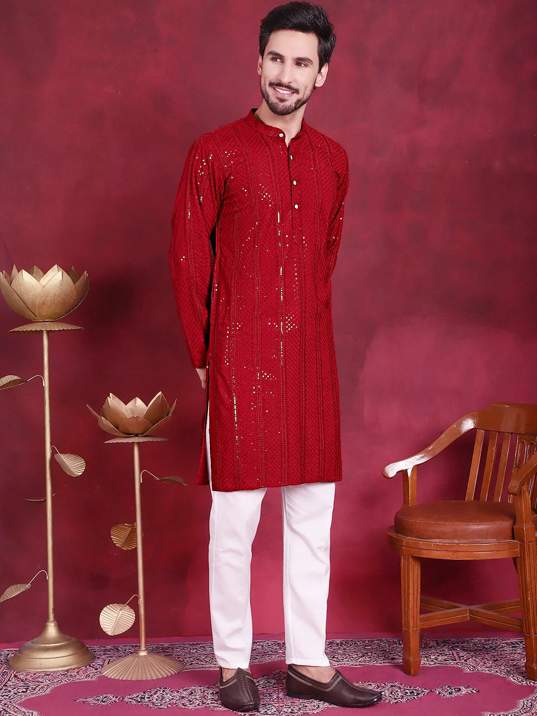 Red Sequins Chikankari Mens Kurta | Indian Kurta for Men