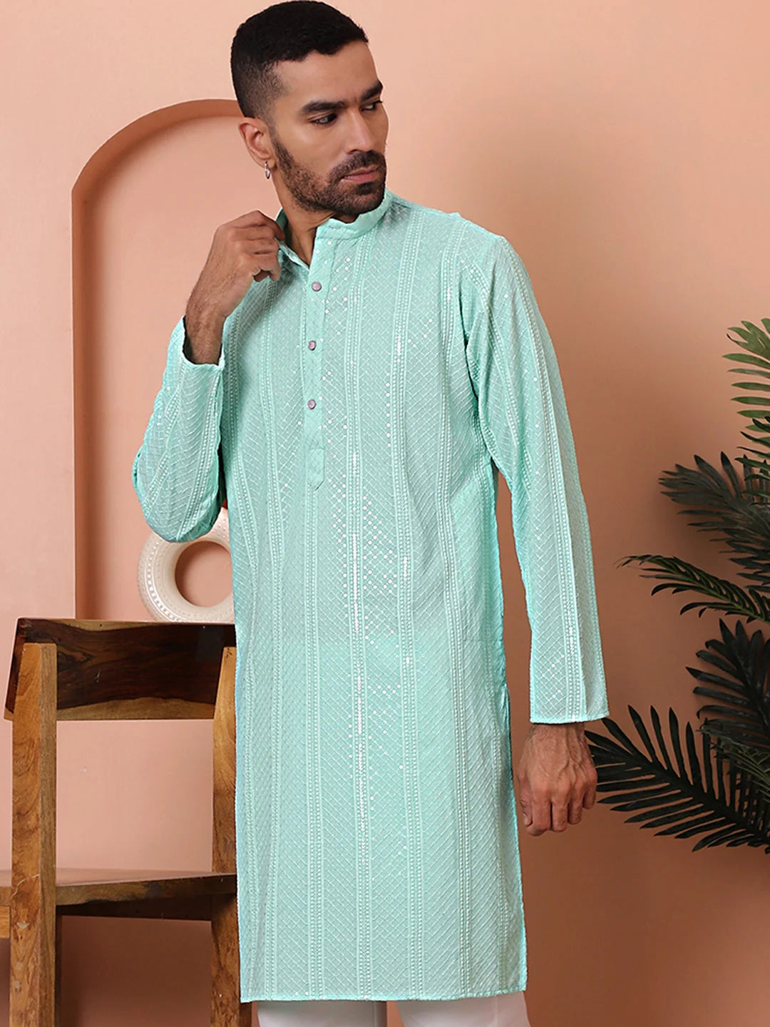 Sky Blue Embroidered Mens Kurta | Indian Kurta for Men