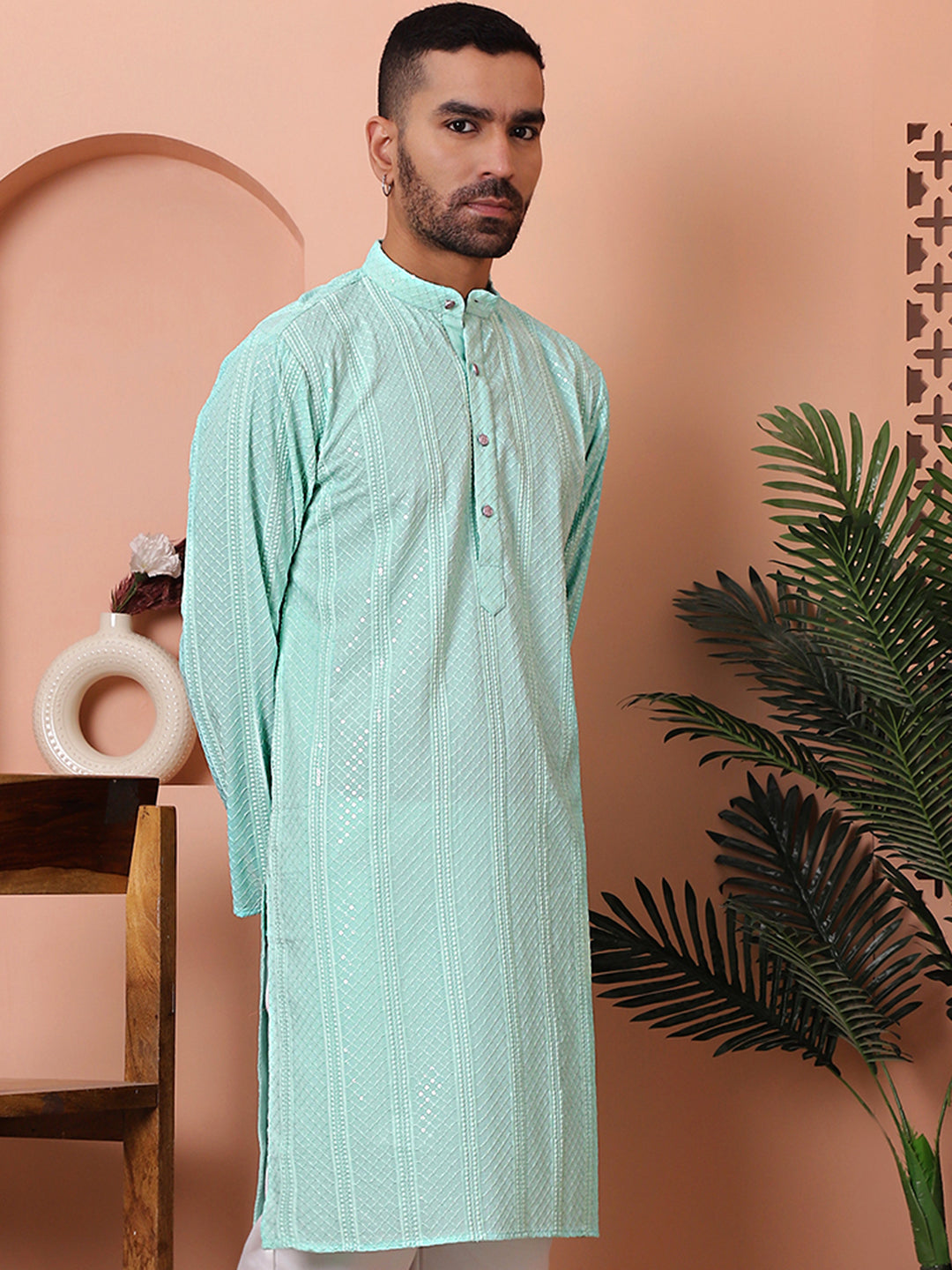Sky Blue Embroidered Mens Kurta | Indian Kurta for Men