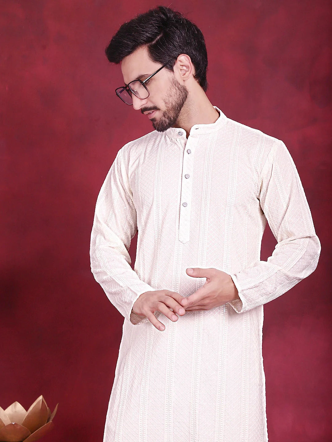 White Sequin Chikankari Mens Kurta | Indian Kurta for Men