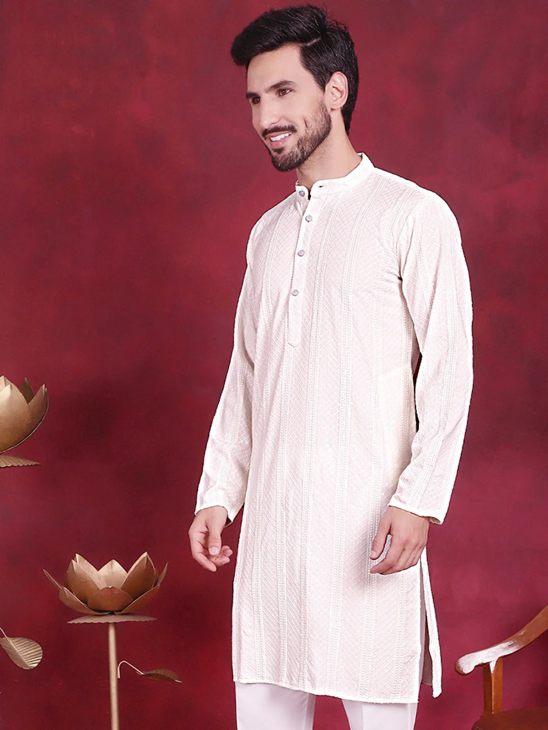 White Sequin Chikankari Mens Kurta | Indian Kurta for Men