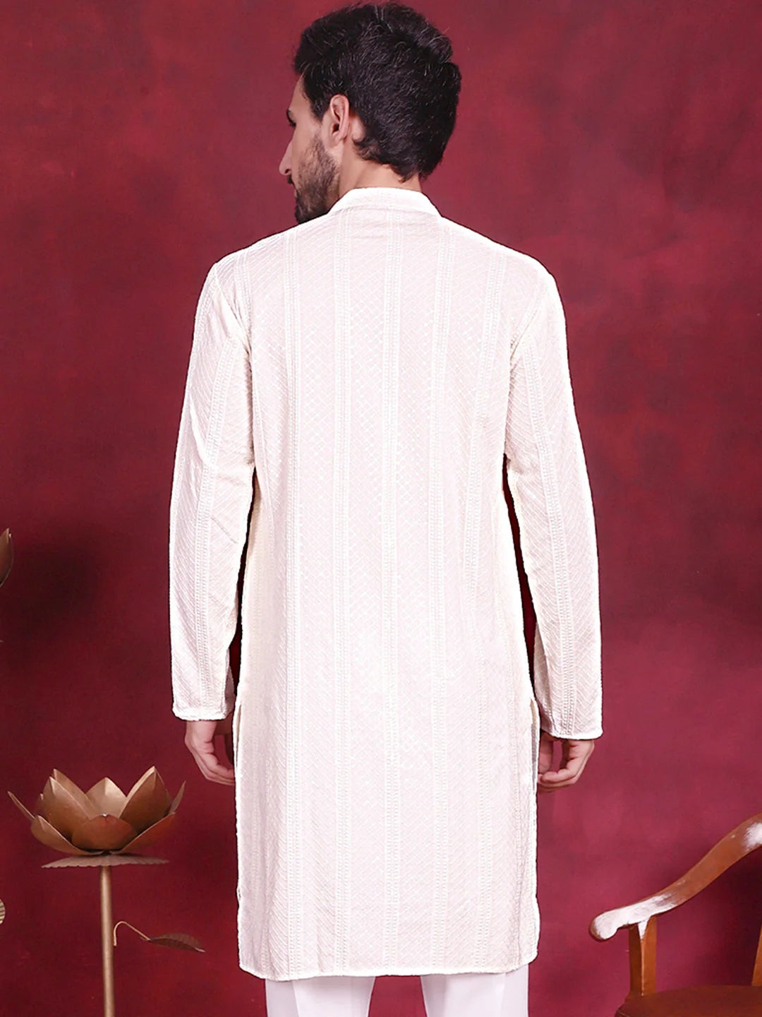 White Sequin Chikankari Mens Kurta | Indian Kurta for Men