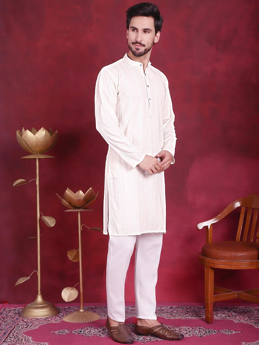 White Sequin Chikankari Mens Kurta | Indian Kurta for Men