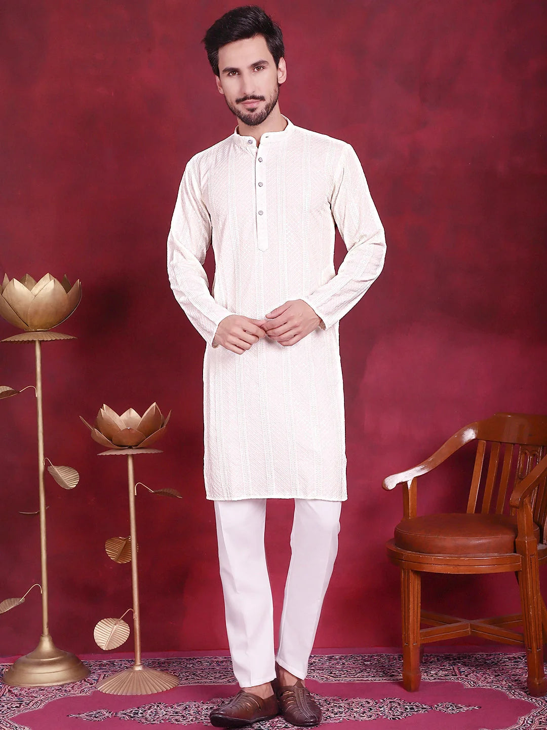 White Sequin Chikankari Mens Kurta | Indian Kurta for Men