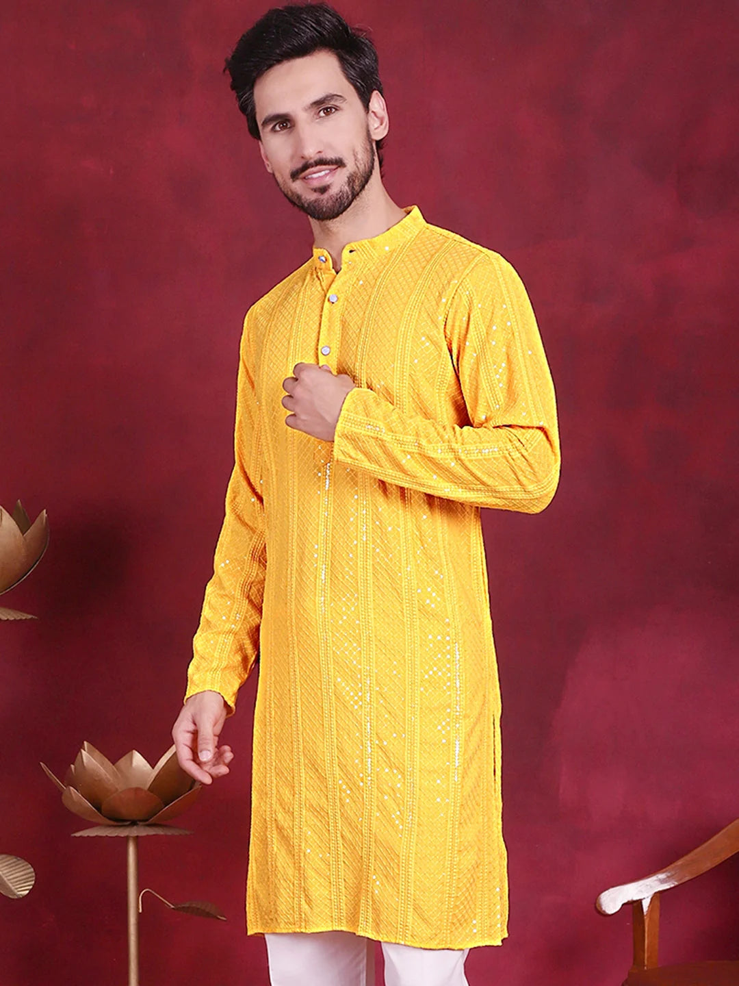 Yellow Sequin Chikankari Mens Kurta | Indian Kurta for Men