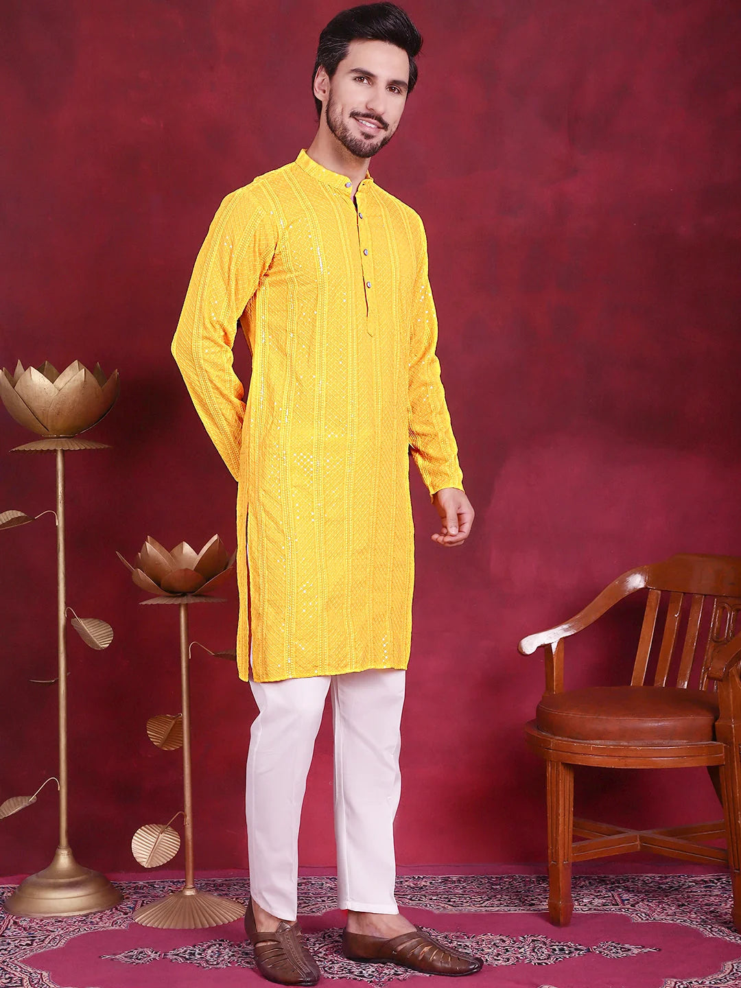 Yellow Sequin Chikankari Mens Kurta | Indian Kurta for Men