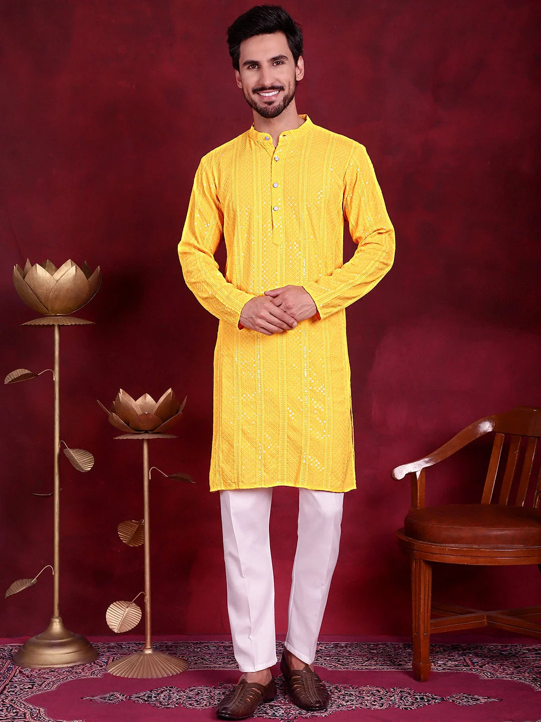 Yellow Sequin Chikankari Mens Kurta | Indian Kurta for Men