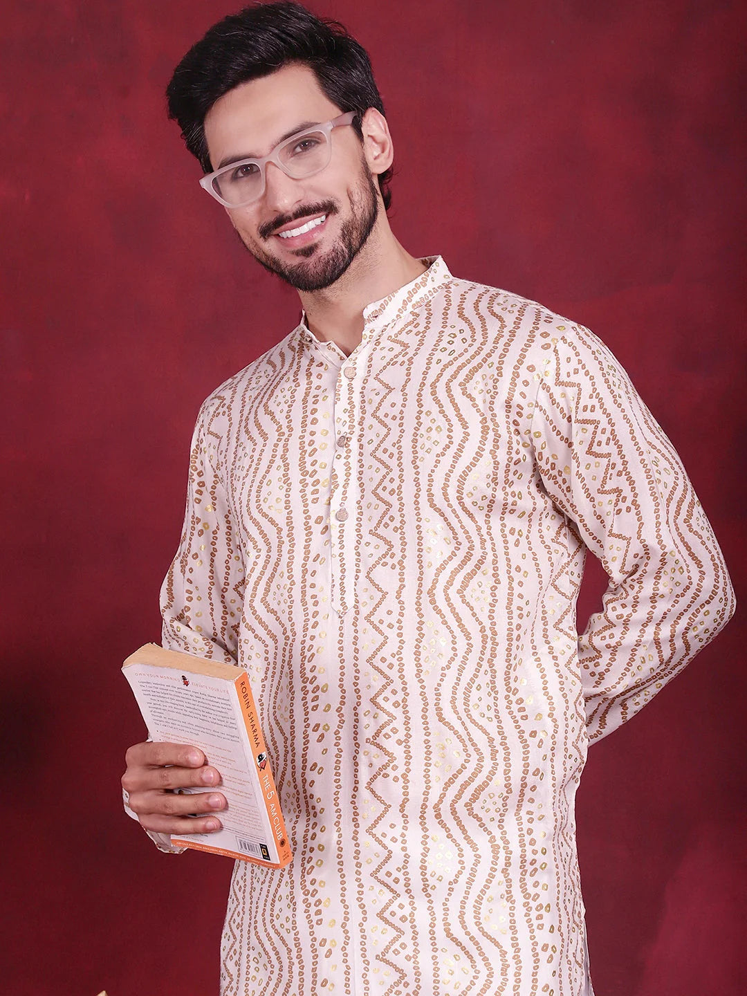 Cream Bandhani Printed Rayon Mens Kurta | Indian Kurta for Men