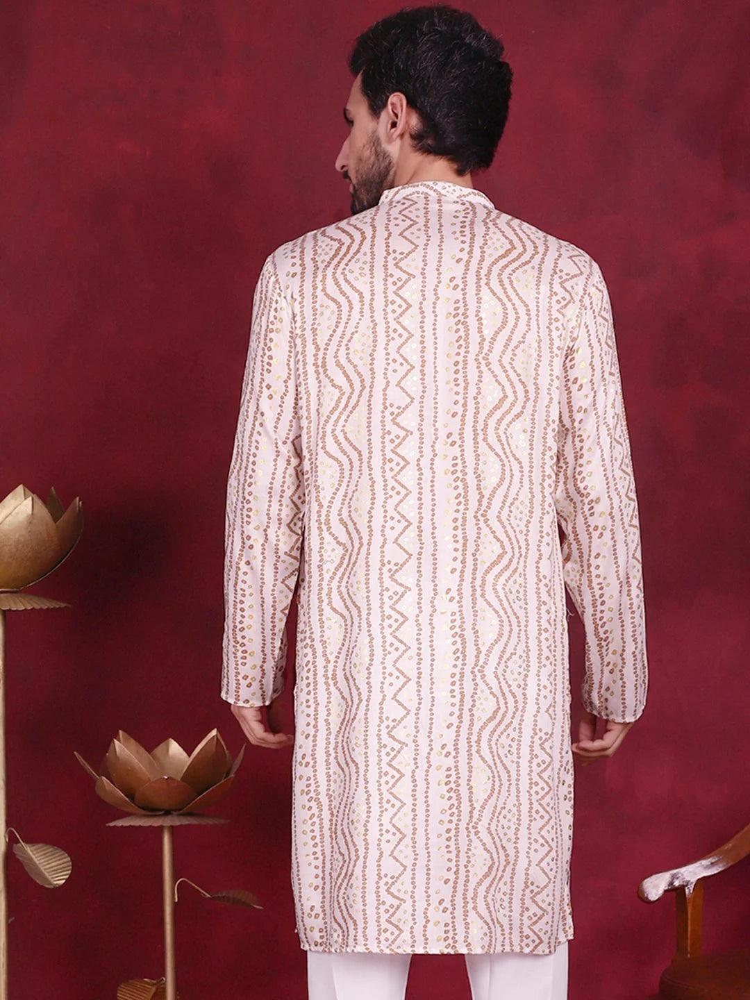Cream Bandhani Printed Rayon Mens Kurta | Indian Kurta for Men