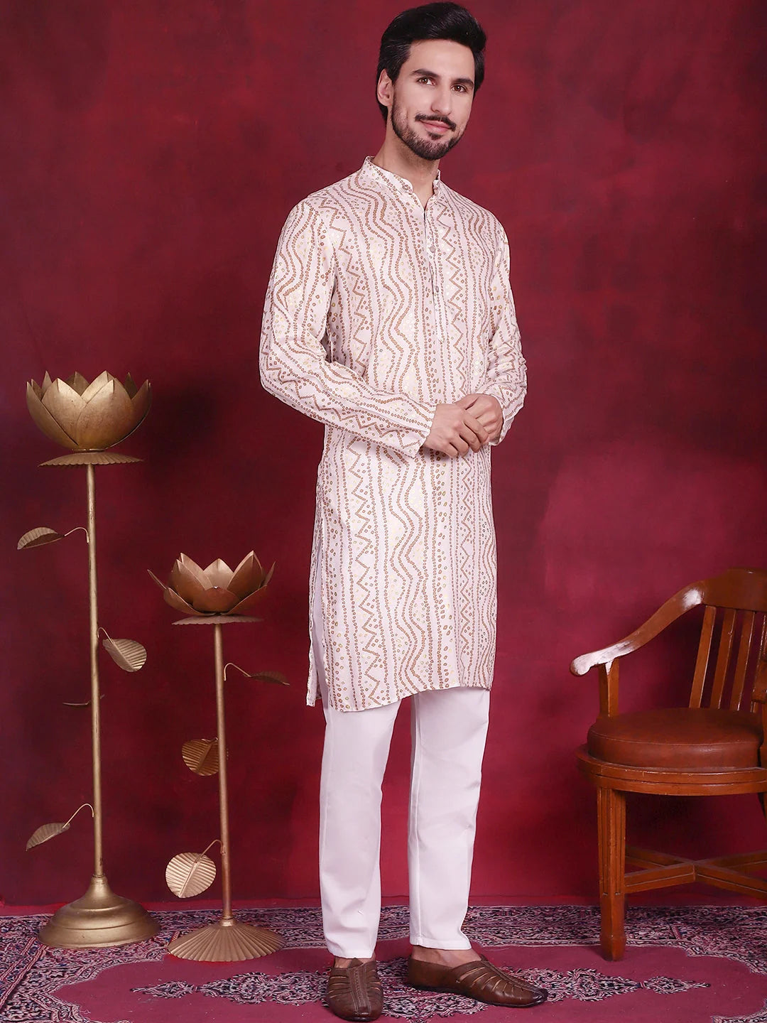 Cream Bandhani Printed Rayon Mens Kurta | Indian Kurta for Men