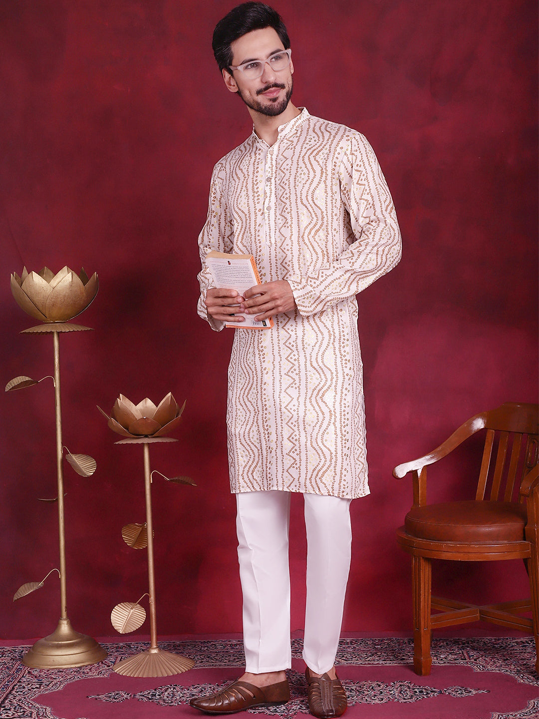 Cream Bandhani Printed Rayon Mens Kurta | Indian Kurta for Men