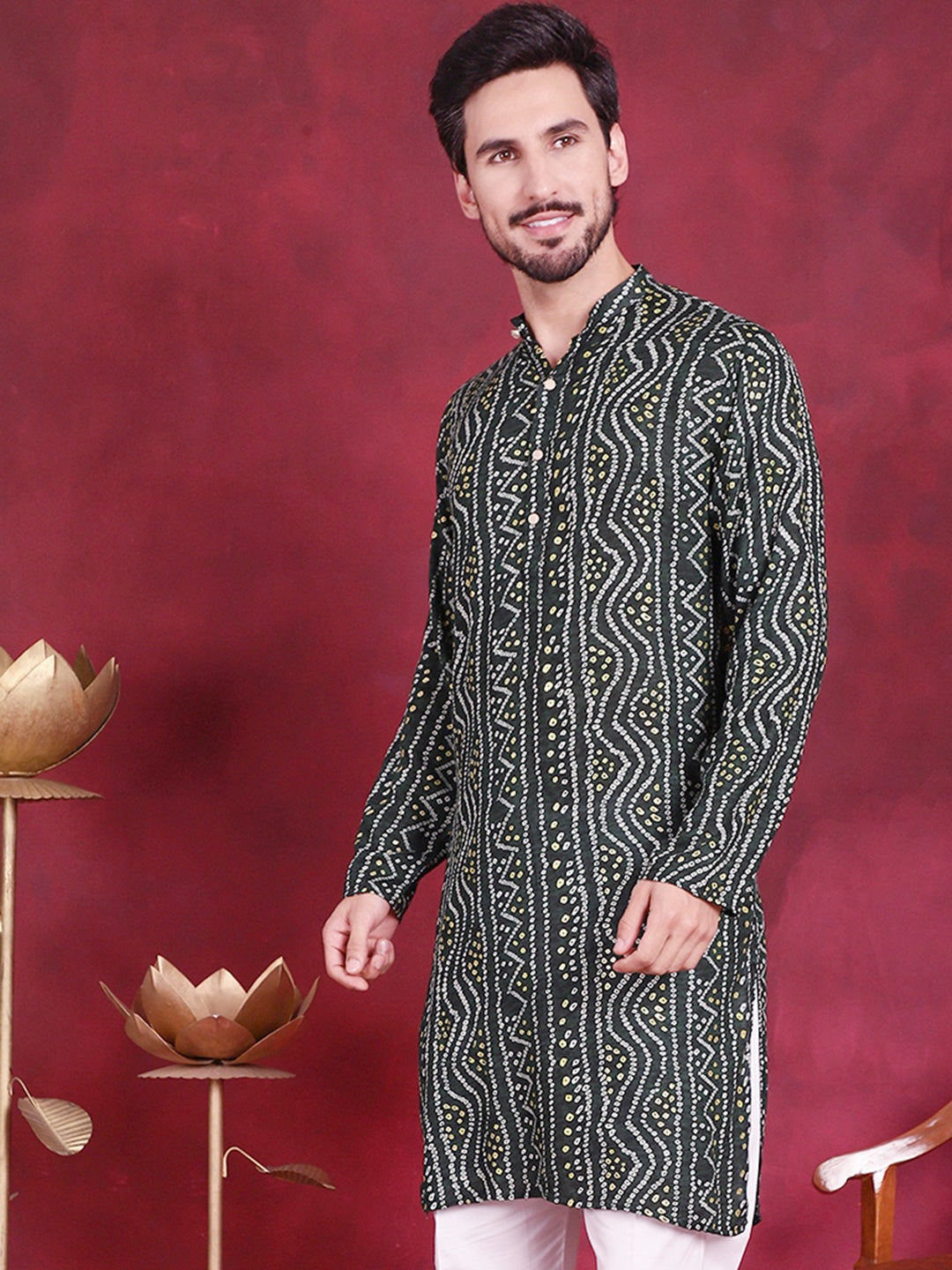 Green Bandhani Printed Rayon Mens Kurta | Indian Kurta for Men
