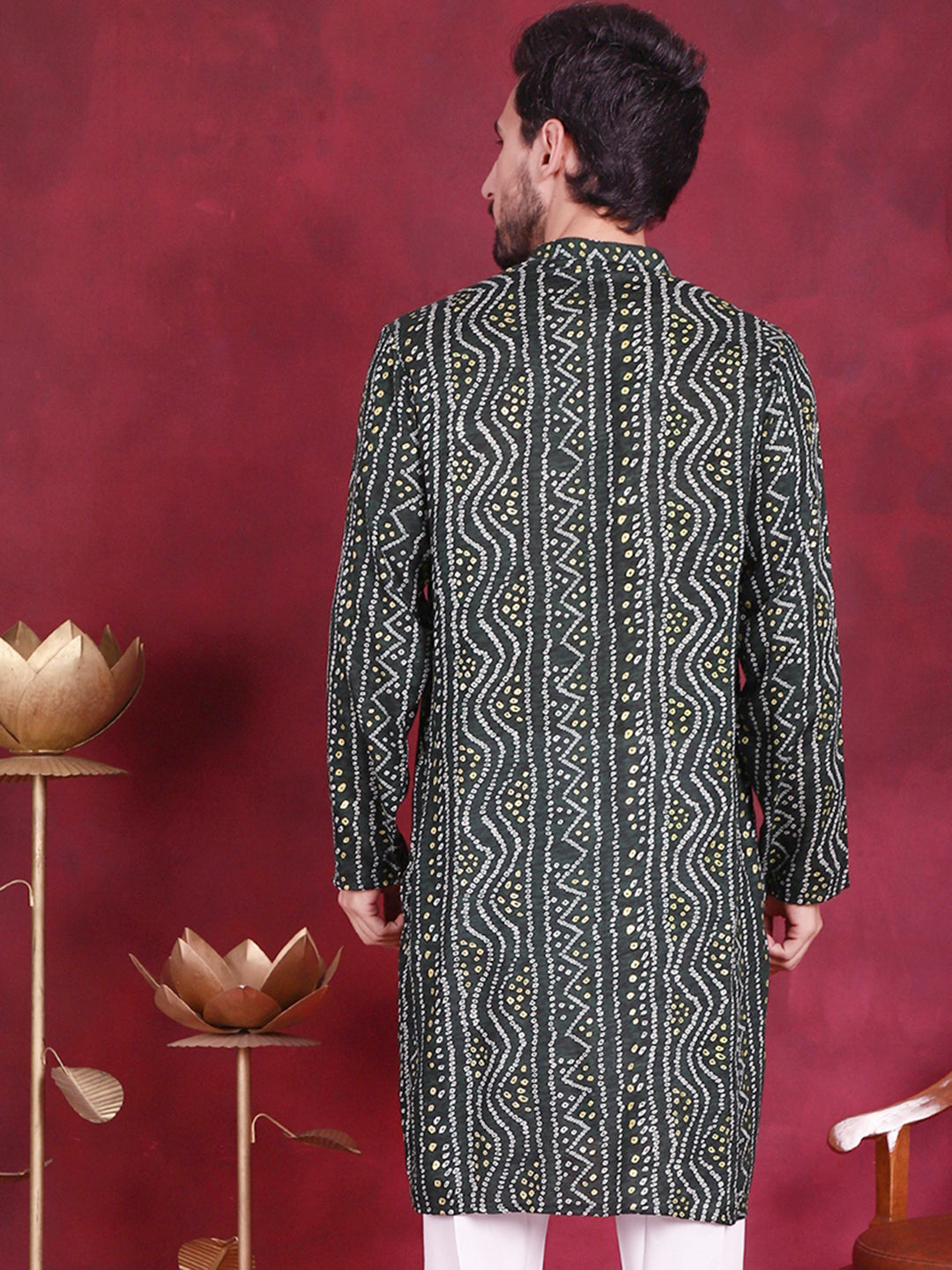 Green Bandhani Printed Rayon Mens Kurta | Indian Kurta for Men