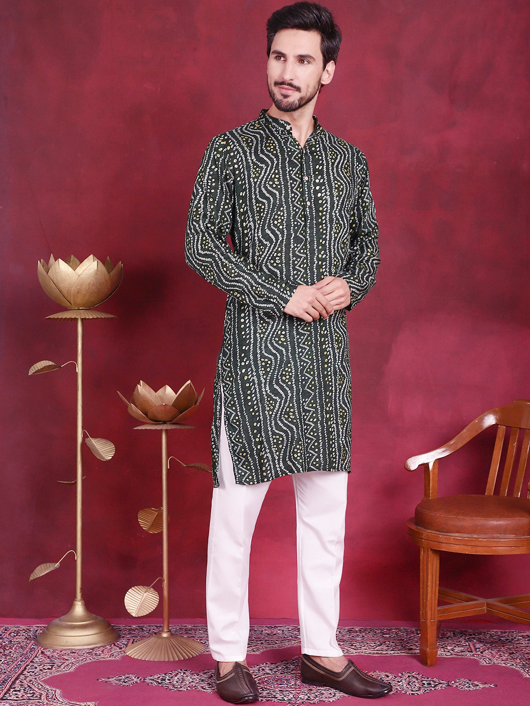 Green Bandhani Printed Rayon Mens Kurta | Indian Kurta for Men