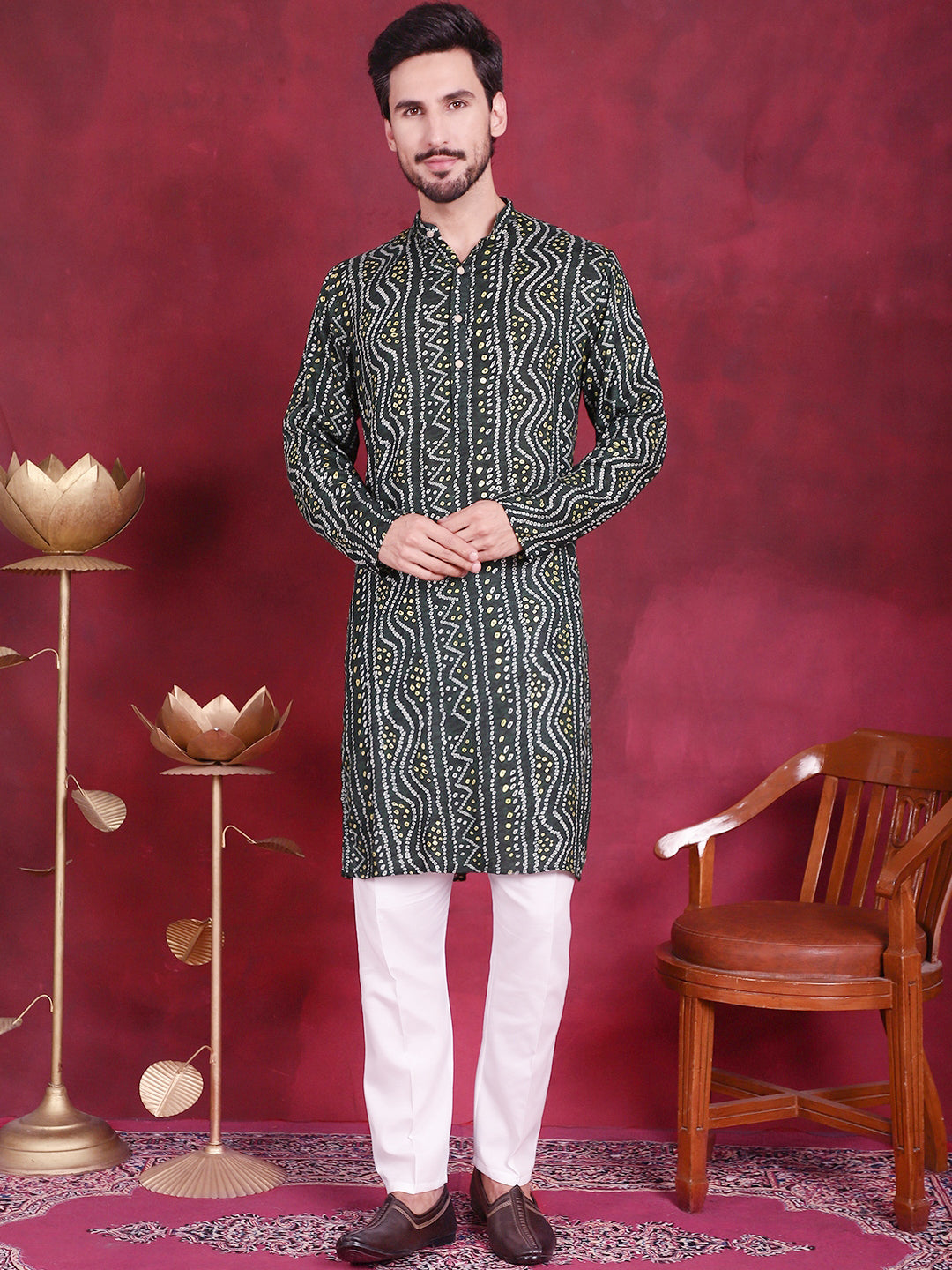Green Bandhani Printed Rayon Mens Kurta | Indian Kurta for Men