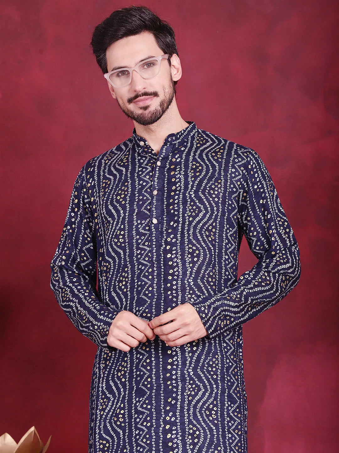Navy Bandhani Printed Rayon Mens Kurta | Indian Kurta for Men