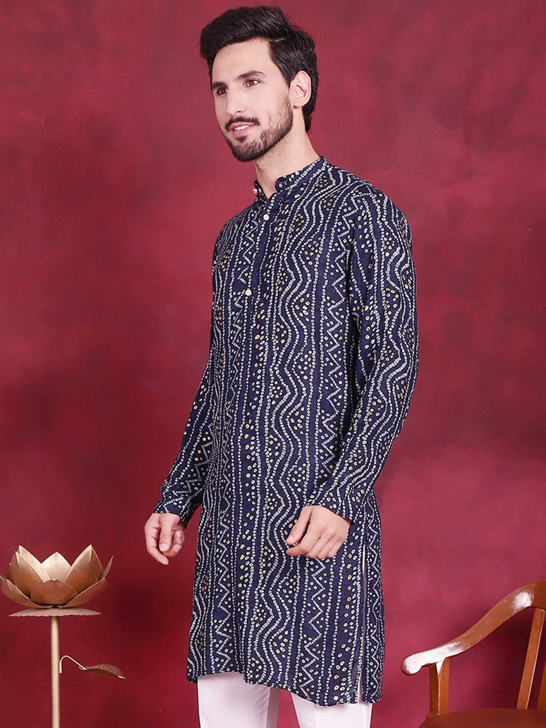 Navy Bandhani Printed Rayon Mens Kurta | Indian Kurta for Men